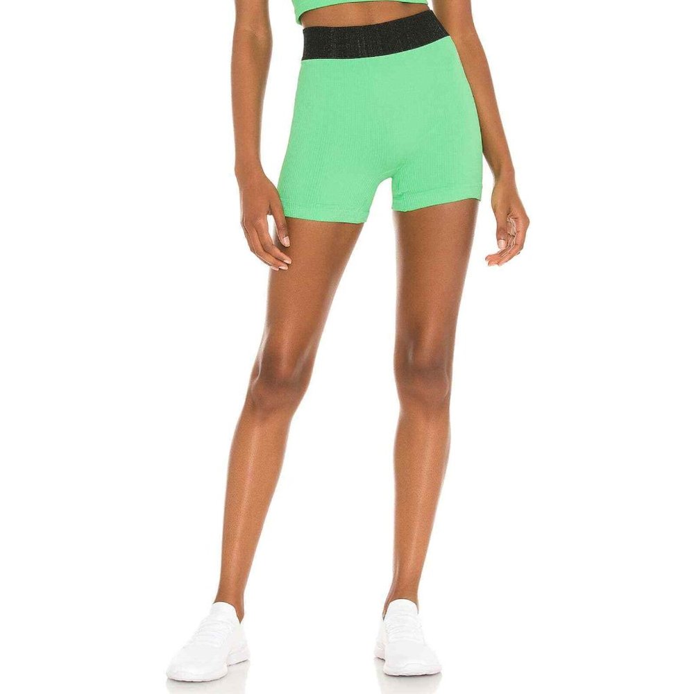 Free People Neon Green Ribbed Athletic Bike Shorts with Black Waistband